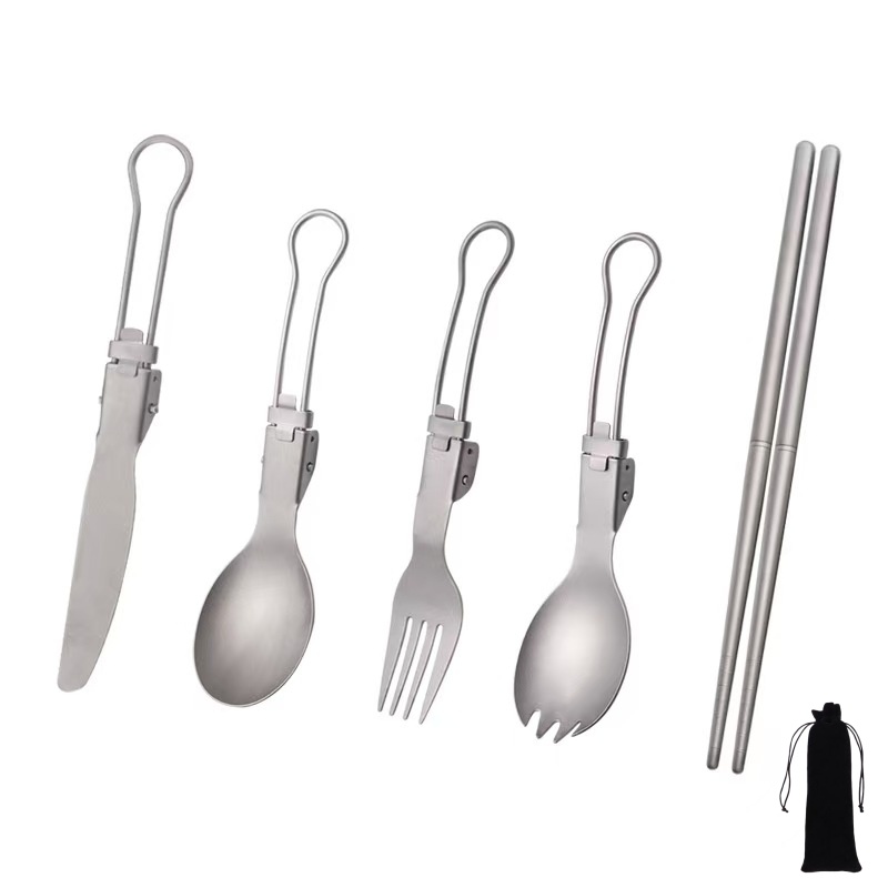 Camping Cooking Set Lightweight - Titanyum Katlanabilir Gereç Seti, Çatal Kaşık